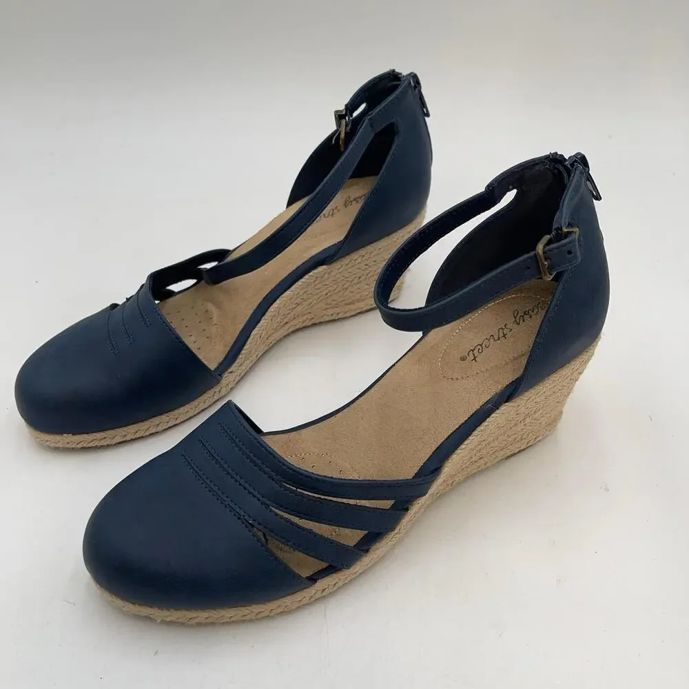Easy Street Daytona Shoes Womens Navy Espadrille Wedge Sandals Size 9.5 Narrow